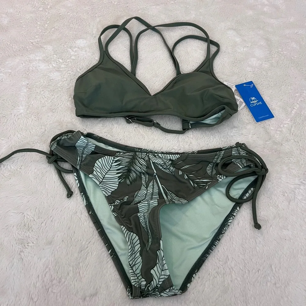 Cupshe Womens Olive Green Tropical‎ Palm Leaf Bikini Set Size XS DAA12C3G001PP